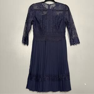 Alex Marie Lace Chiffon Knee Length Pleated Dress 3/4 Sleeve Navy Women’s Size 6